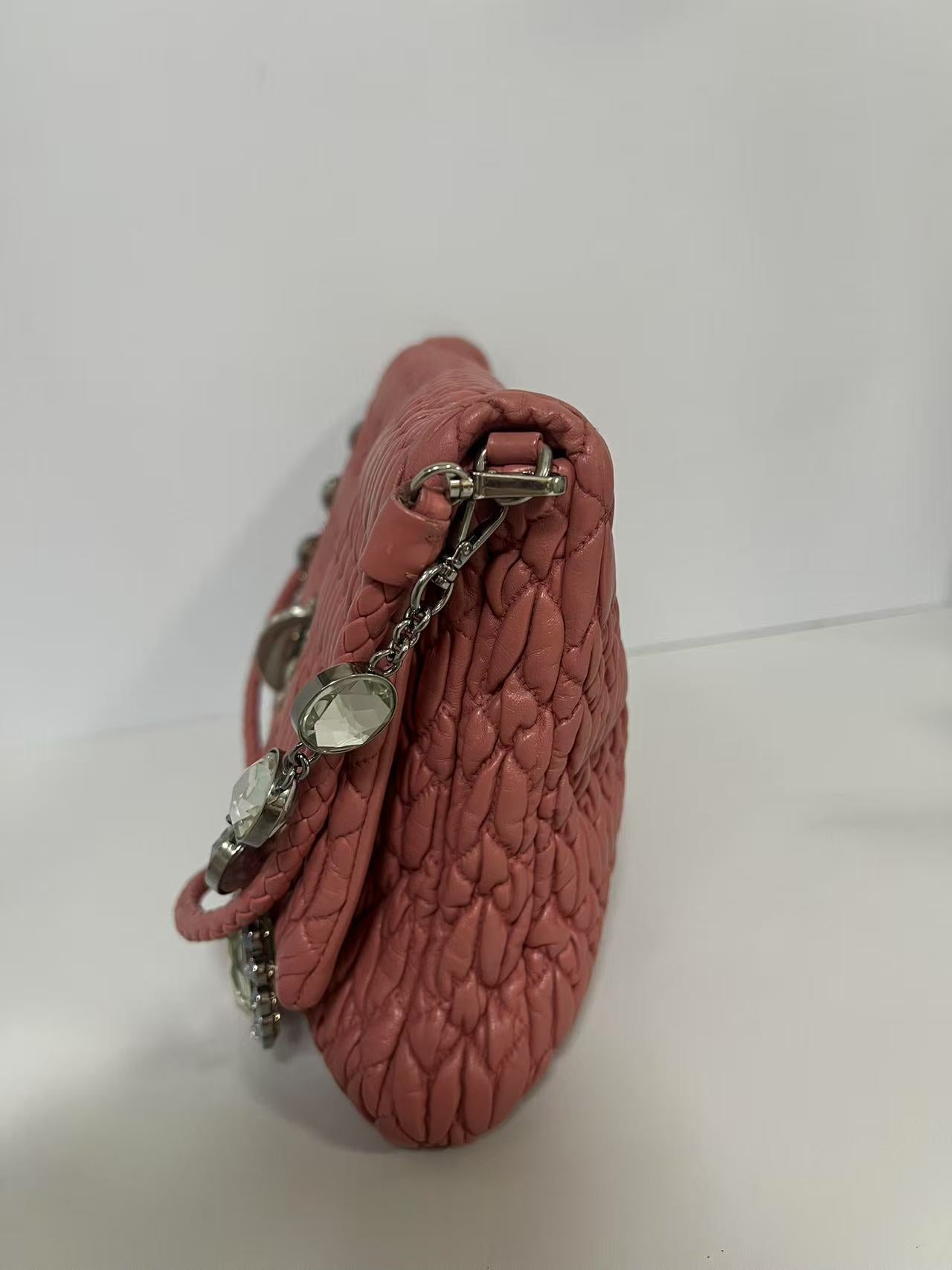 Miu Miu Pink Matelassé Leather Crystal Chain Shoulder Bag