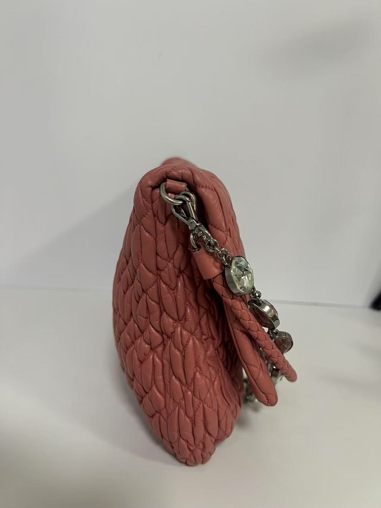 Miu Miu Pink Matelassé Leather Crystal Chain Shoulder Bag