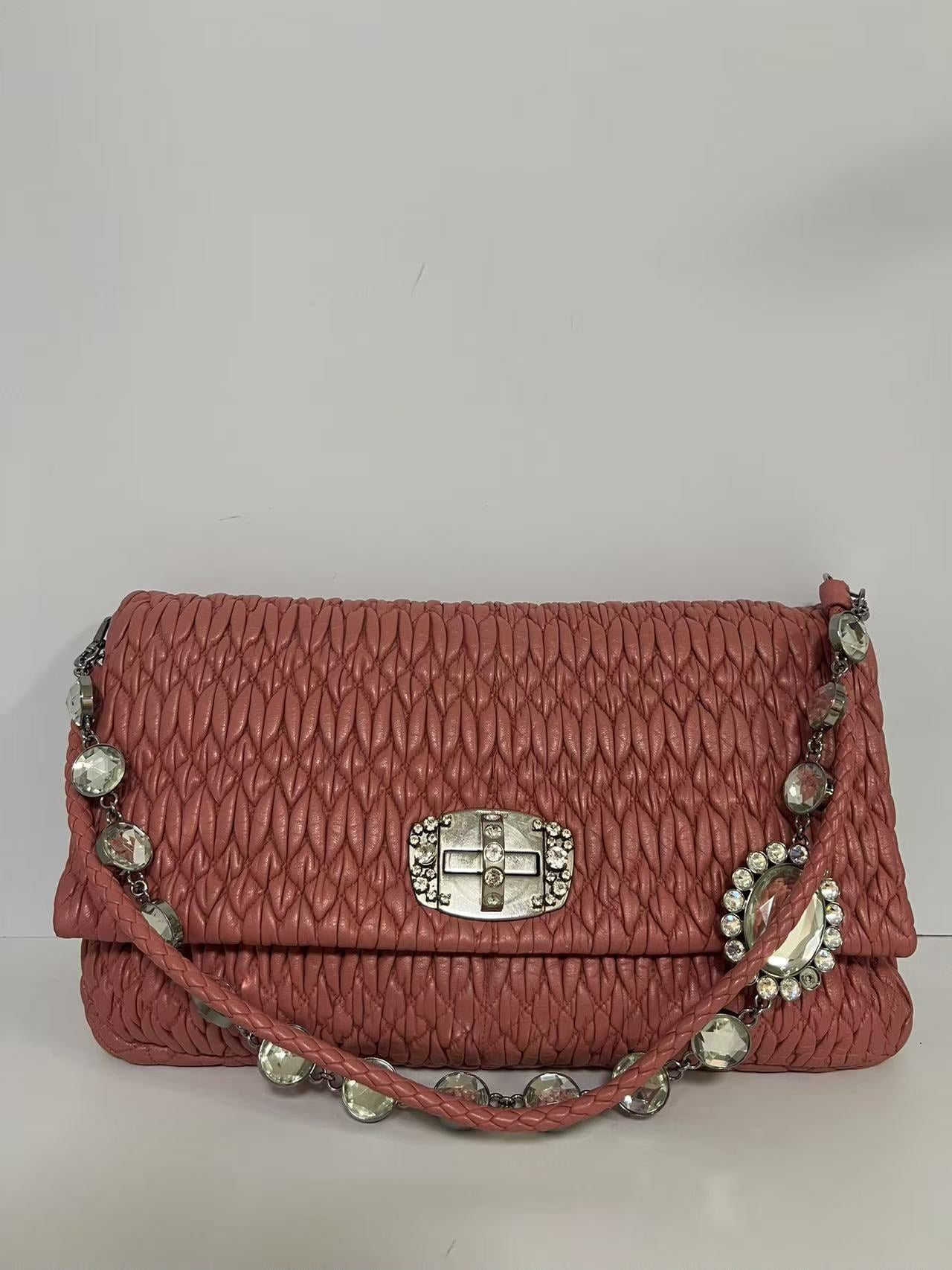 Miu Miu Pink Matelassé Leather Crystal Chain Shoulder Bag