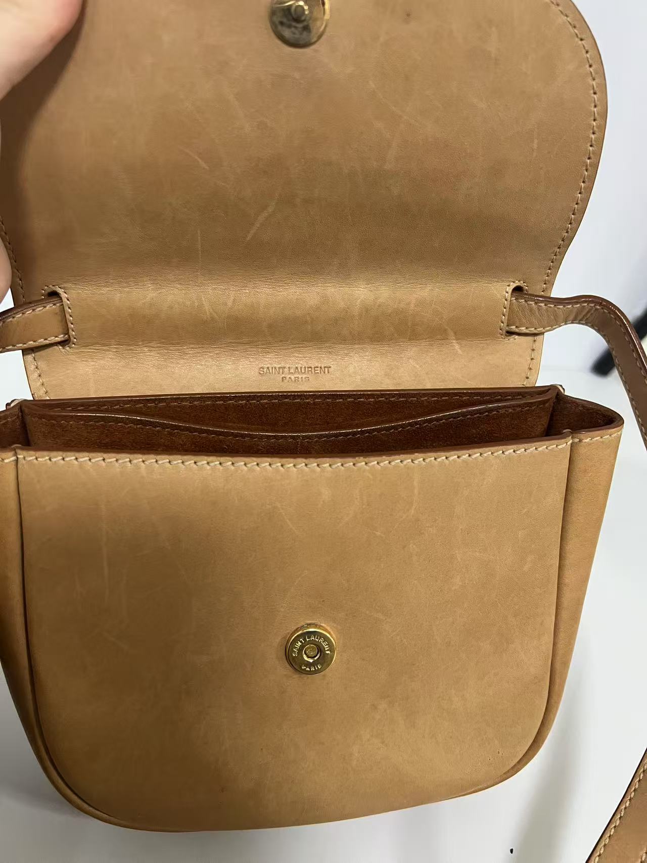 Saint Laurent (YSL) Kaia Small Tan Leather Saddle Crossbody Bag
