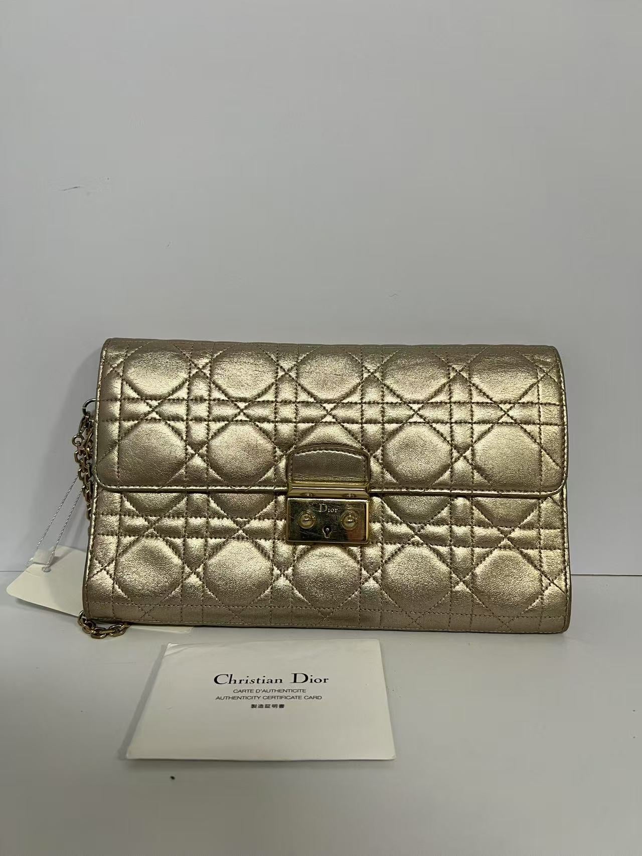 Christian Dior Diorama Metallic Gold Leather Wallet on Chain (WOC)