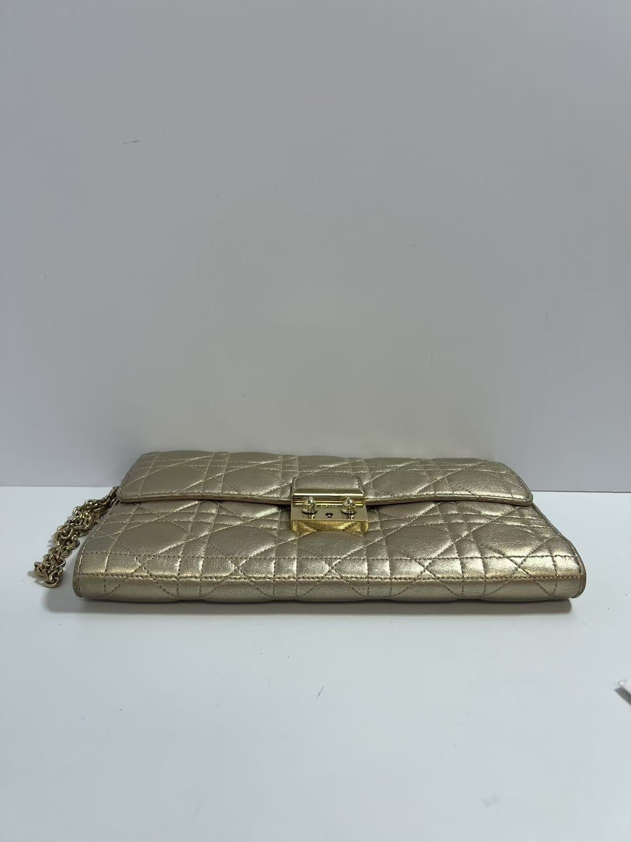 Christian Dior Diorama Metallic Gold Leather Wallet on Chain (WOC)