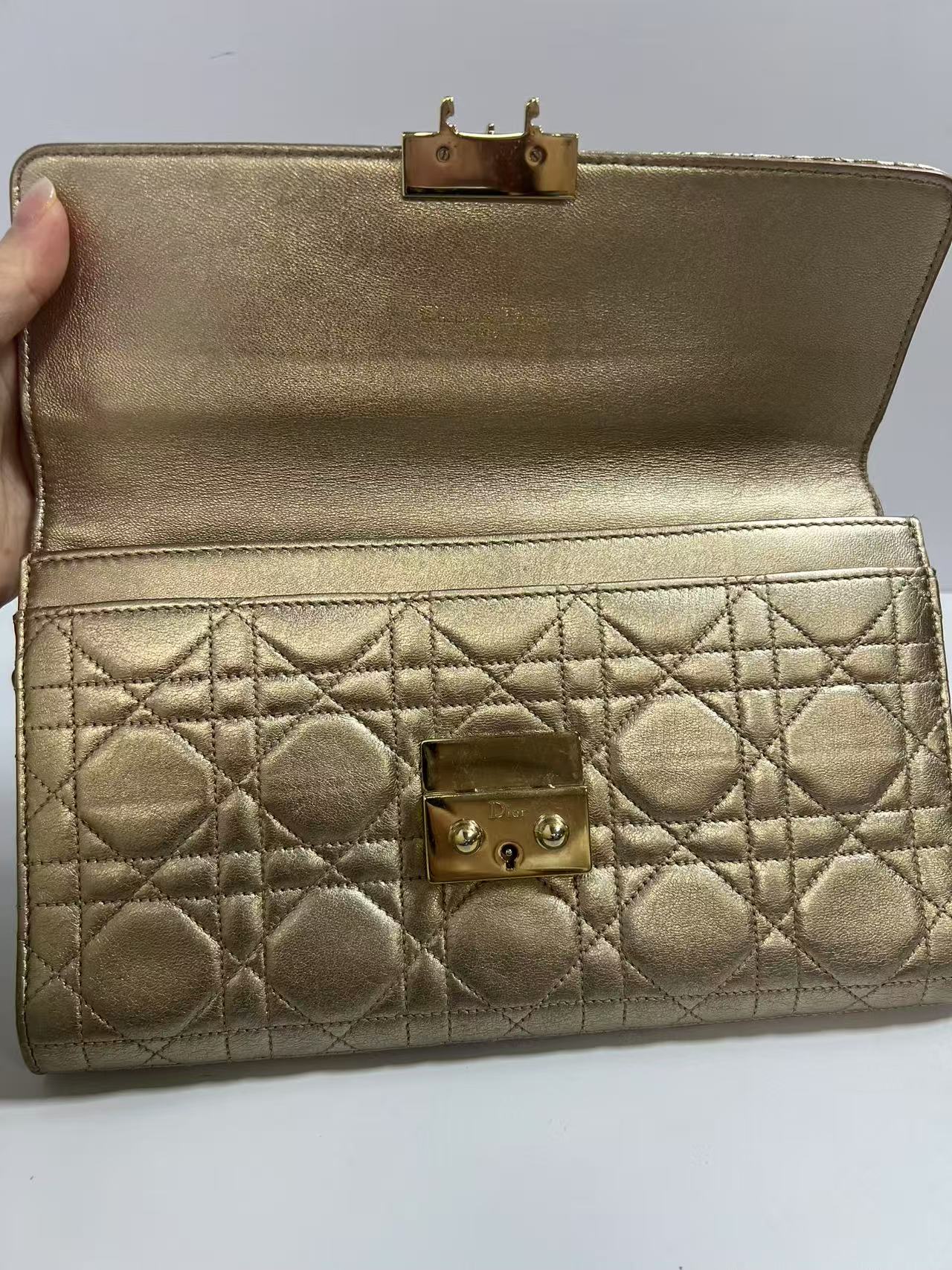 Christian Dior Diorama Metallic Gold Leather Wallet on Chain (WOC)