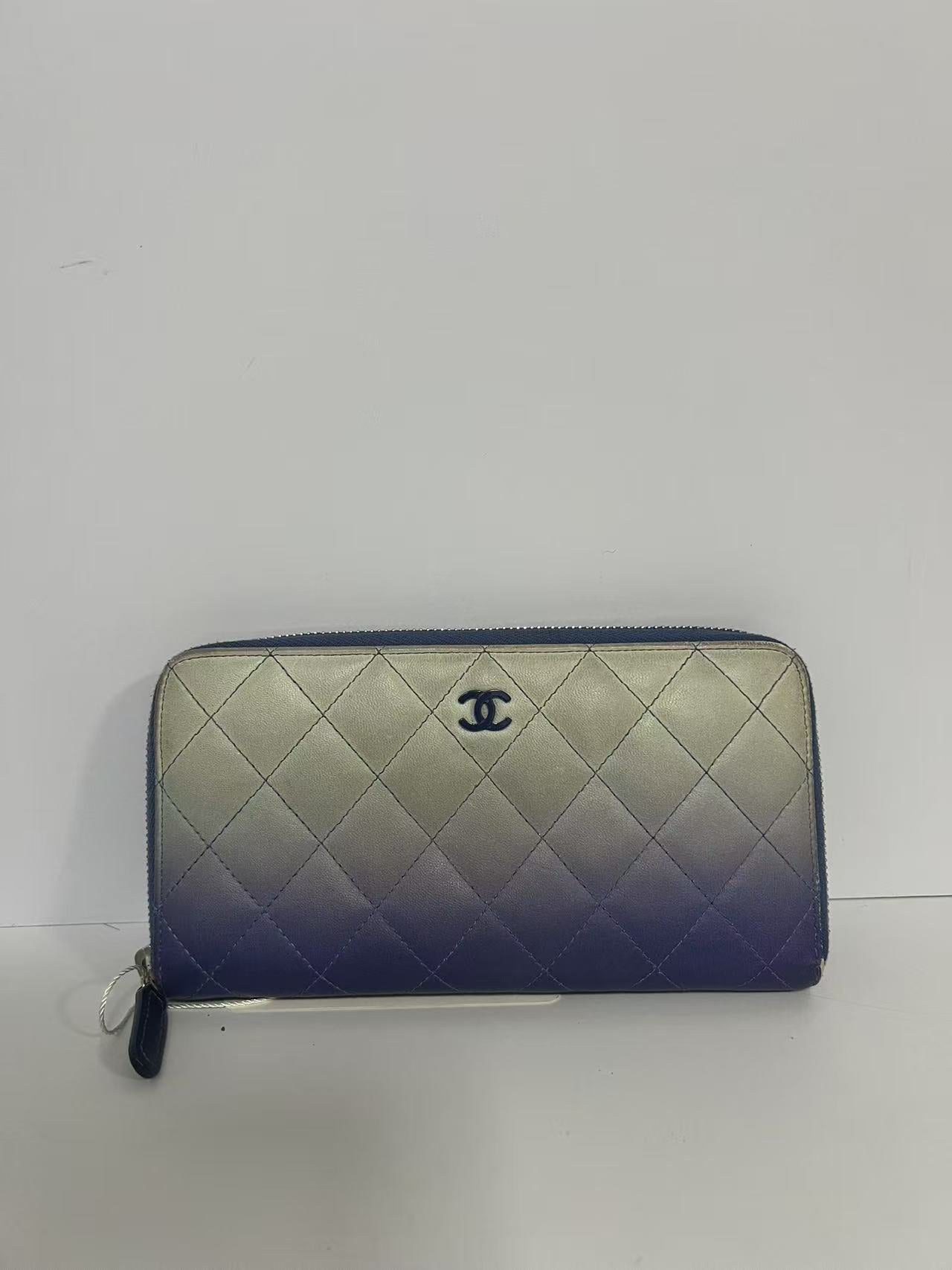 Chanel Gradient Blue & Silver Quilted Leather Zip-Around Wallet