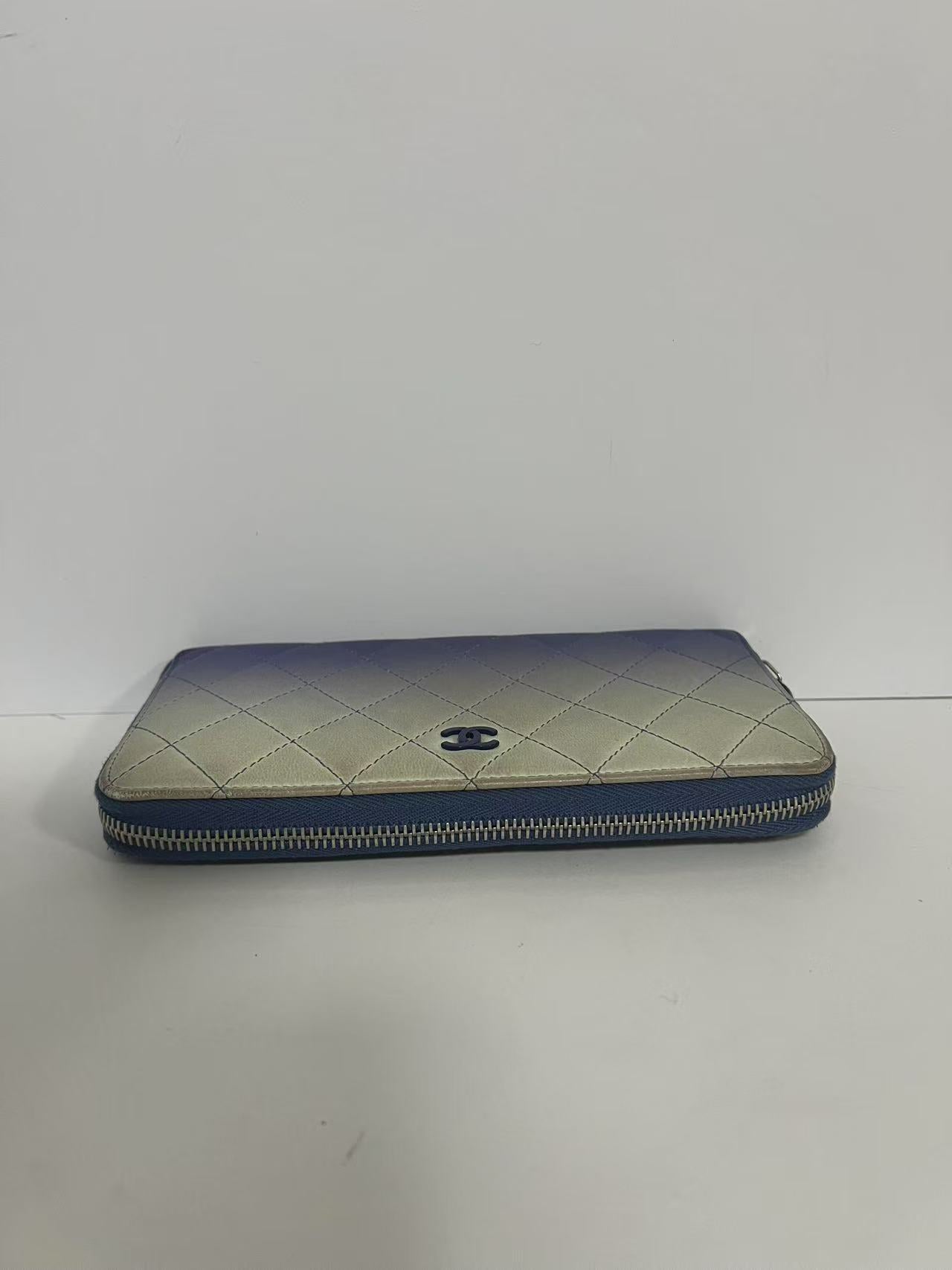 Chanel Gradient Blue & Silver Quilted Leather Zip-Around Wallet