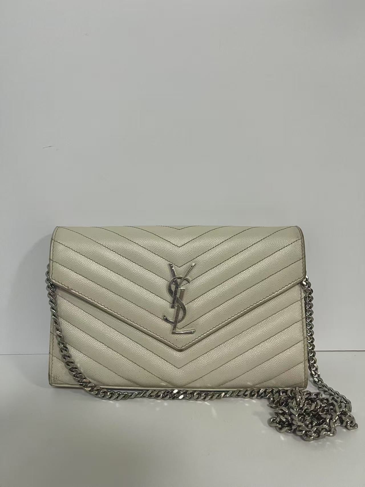 Saint Laurent (YSL) WOC Cream Chevron Quilted Leather Bag