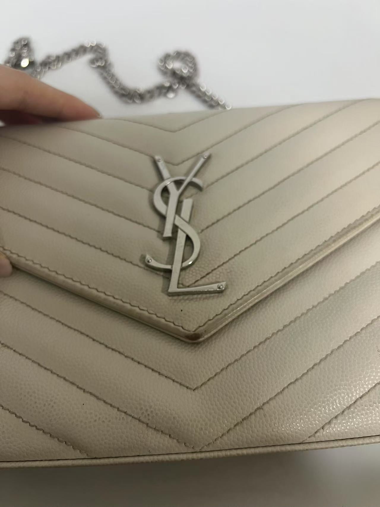 Saint Laurent (YSL) WOC Cream Chevron Quilted Leather Bag
