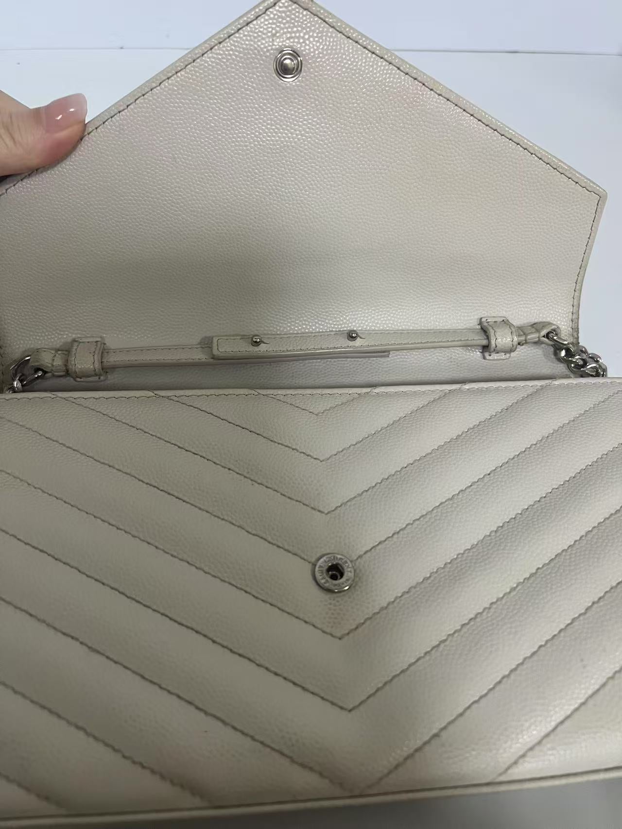 Saint Laurent (YSL) WOC Cream Chevron Quilted Leather Bag