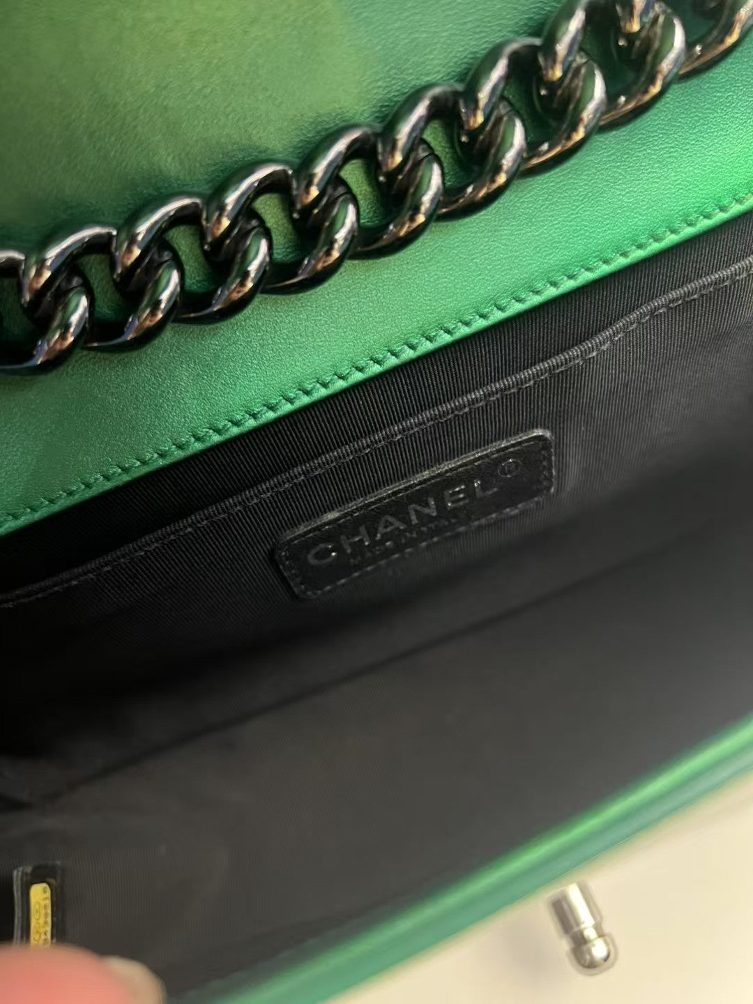 Chanel Boy Medium Green Patent Leather Quilted Bag