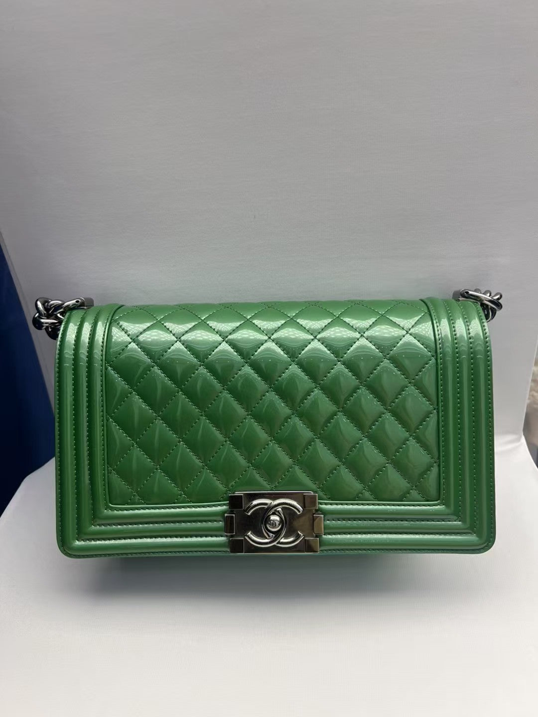 Chanel Boy Medium Green Patent Leather Quilted Bag