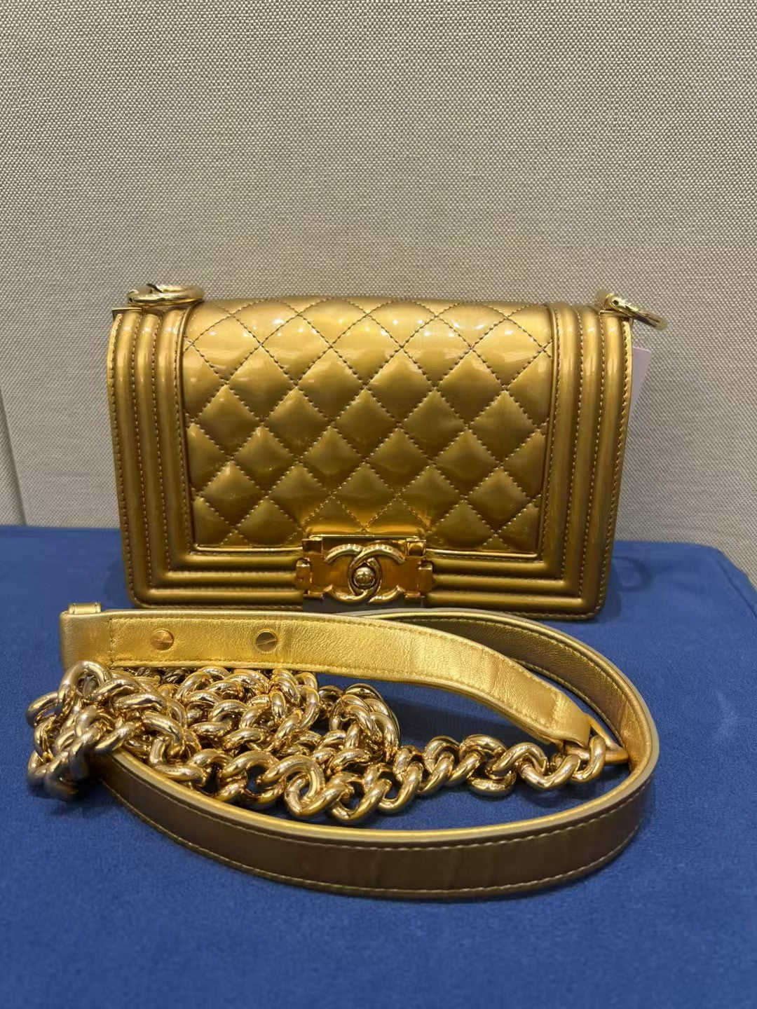 Chanel Boy Small Gold Metallic Quilted Leather Bag