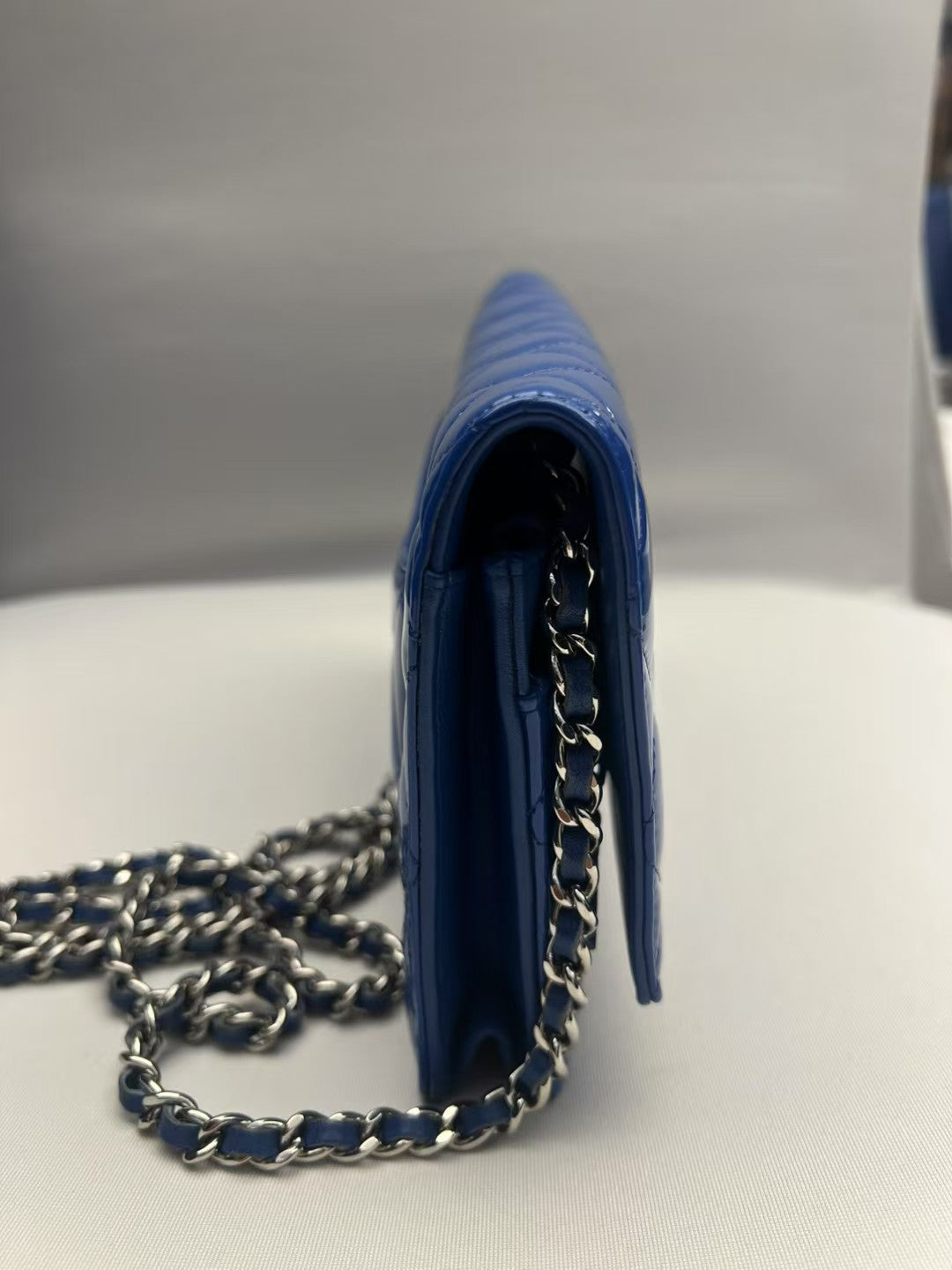 Chanel Wallet on Chain (WOC) Blue Patent Leather Quilted Bag