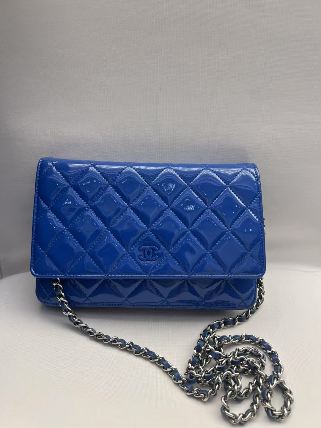 Chanel Wallet on Chain (WOC) Blue Patent Leather Quilted Bag