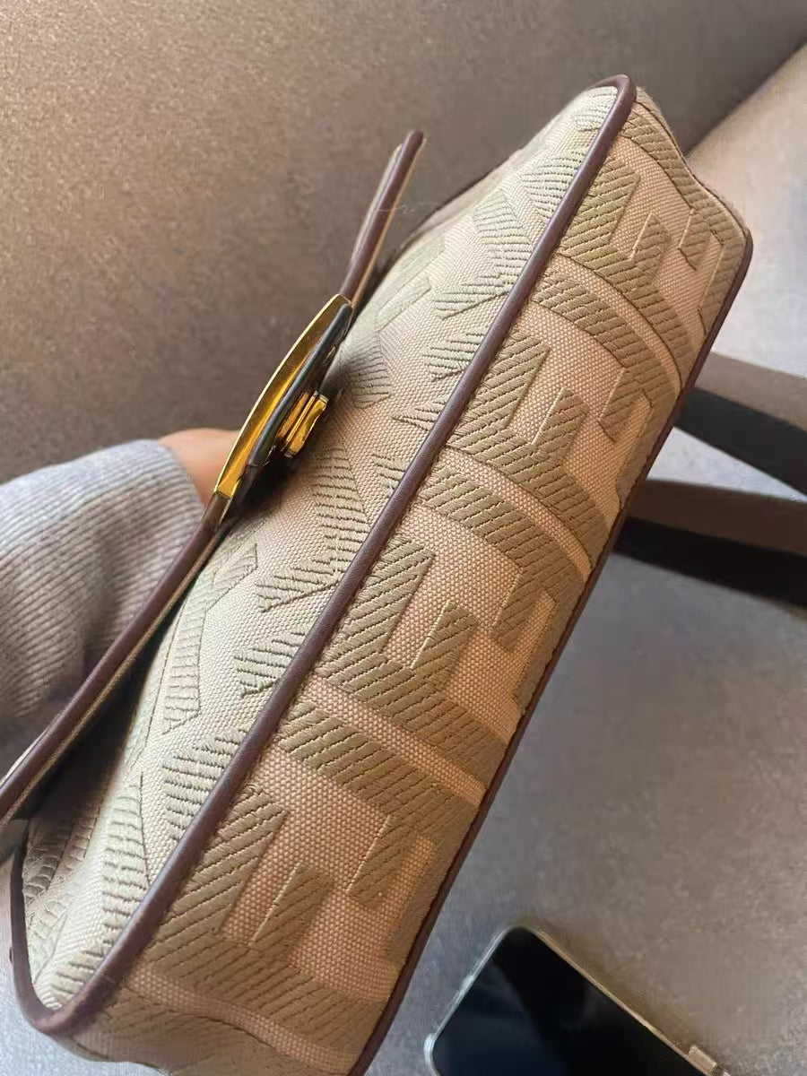 Fendi Baguette Beige FF Logo Canvas Medium Shoulder Bag