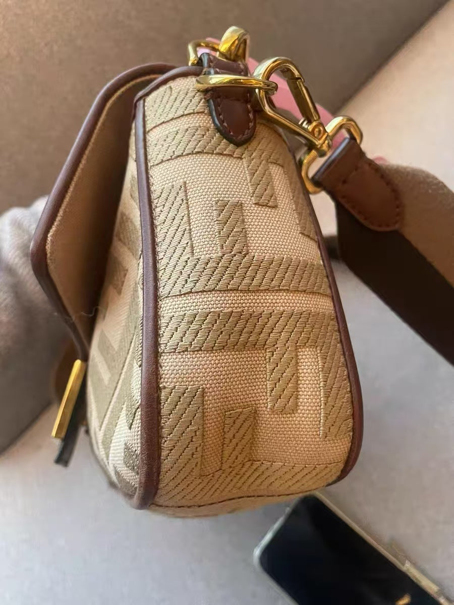 Fendi Baguette Beige FF Logo Canvas Medium Shoulder Bag