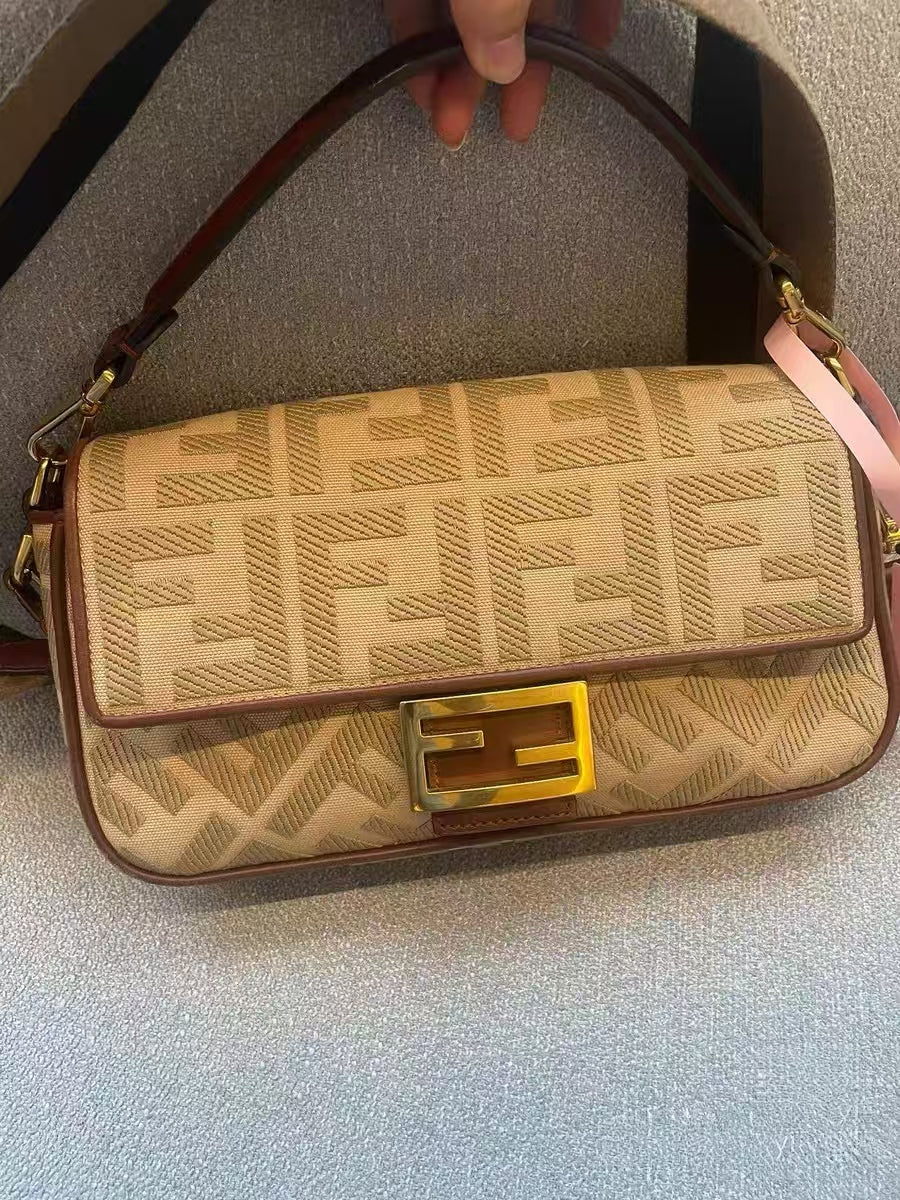 Fendi Baguette Beige FF Logo Canvas Medium Shoulder Bag
