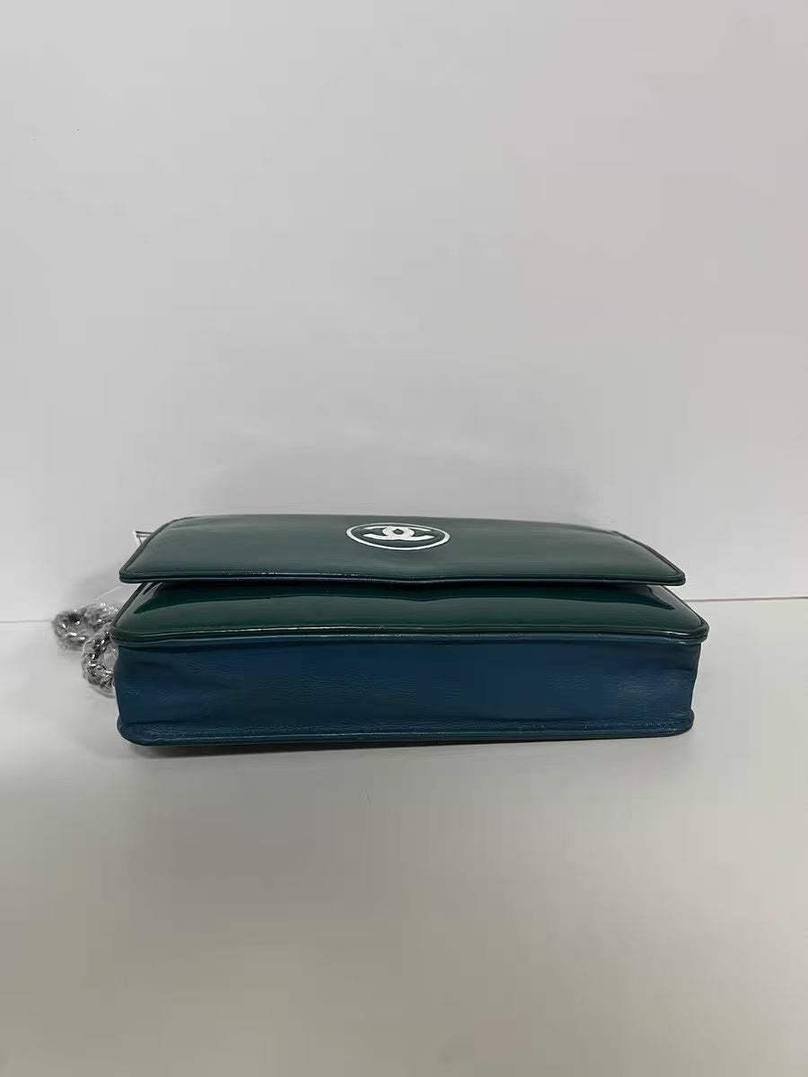 Chanel Green Patent Leather Interlocking CC Logo Wallet on Chain (WOC)