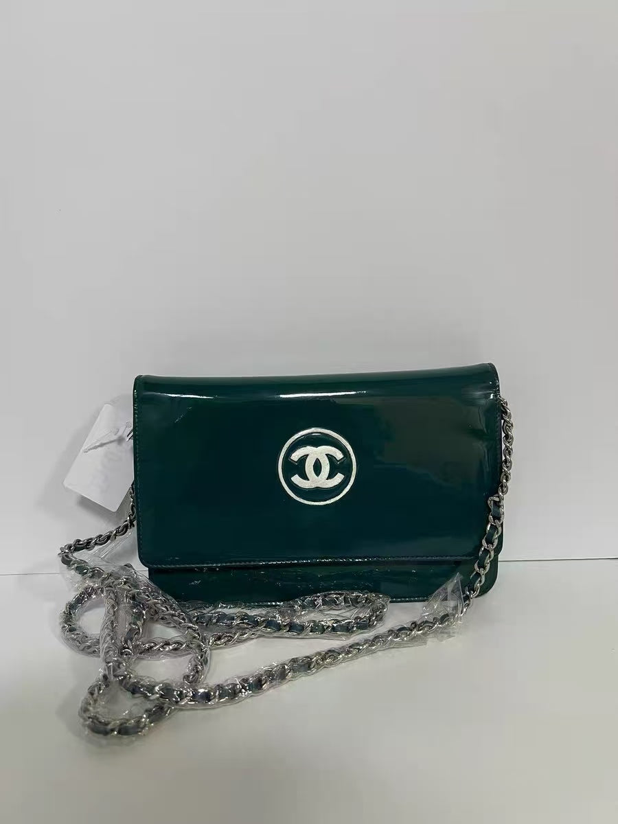 Chanel Green Patent Leather Interlocking CC Logo Wallet on Chain (WOC)