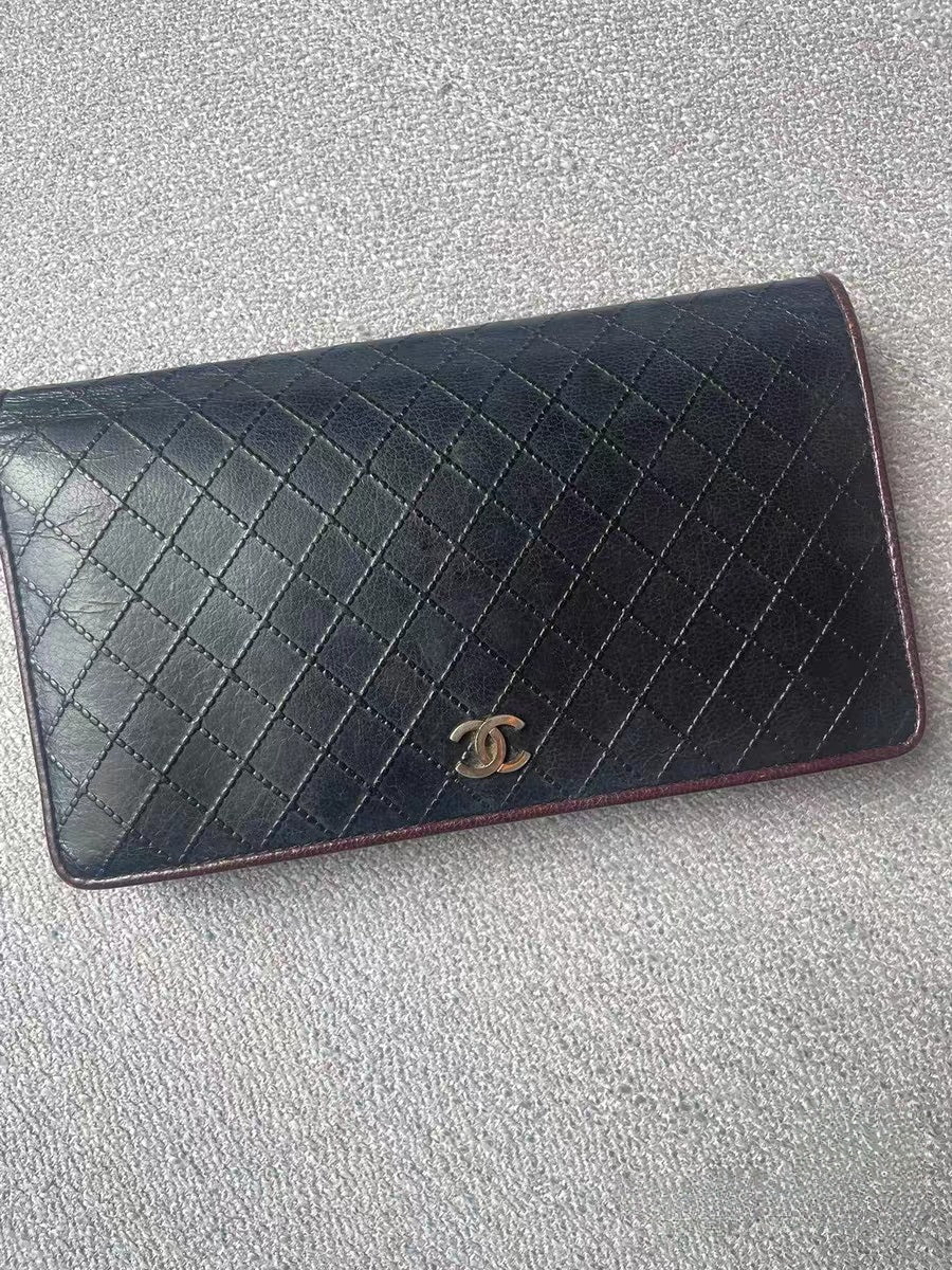 Chanel Black Quilted Leather Burgundy Trim Long Wallet