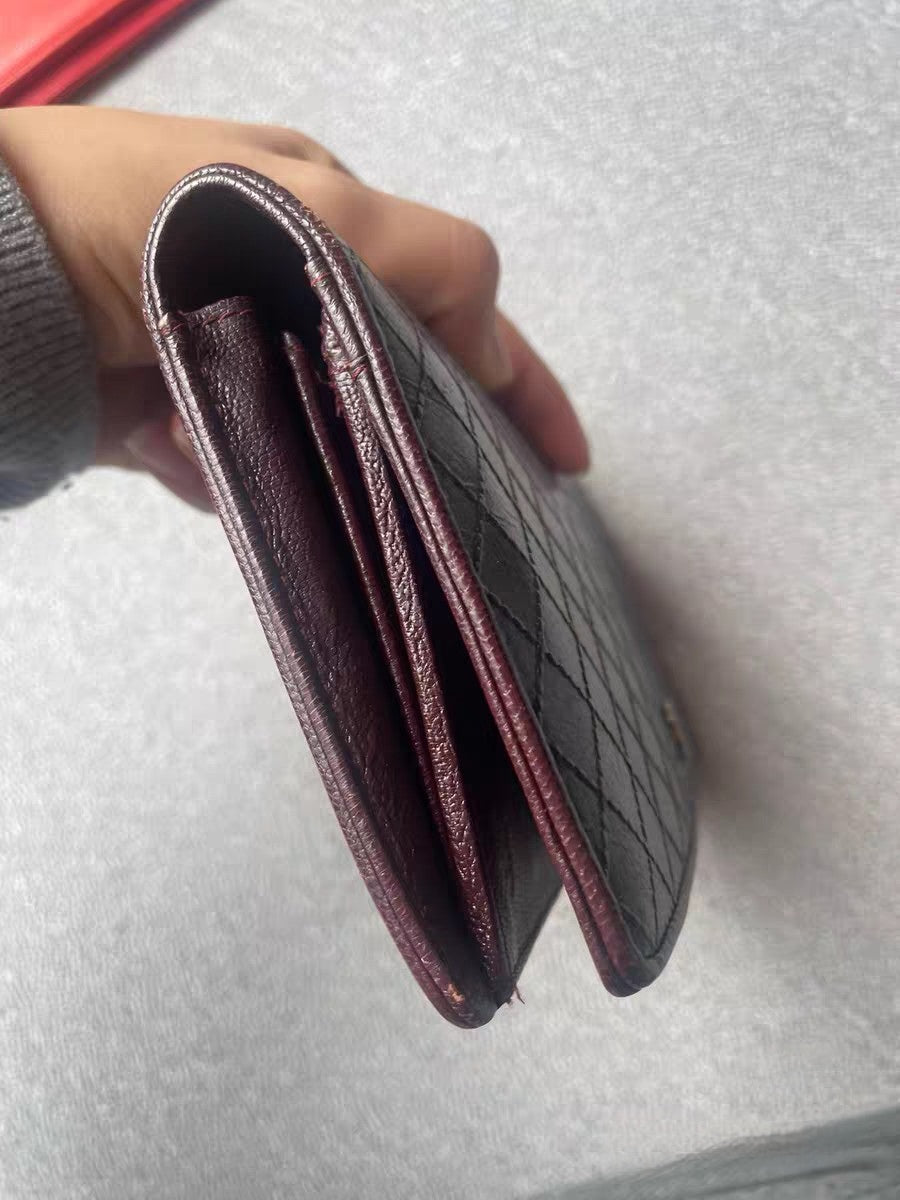 Chanel Black Quilted Leather Burgundy Trim Long Wallet
