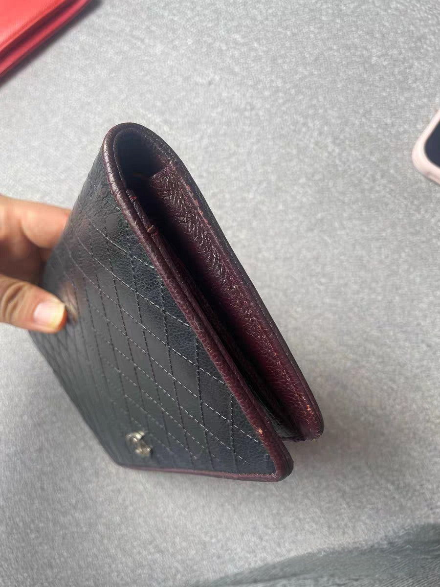 Chanel Black Quilted Leather Burgundy Trim Long Wallet