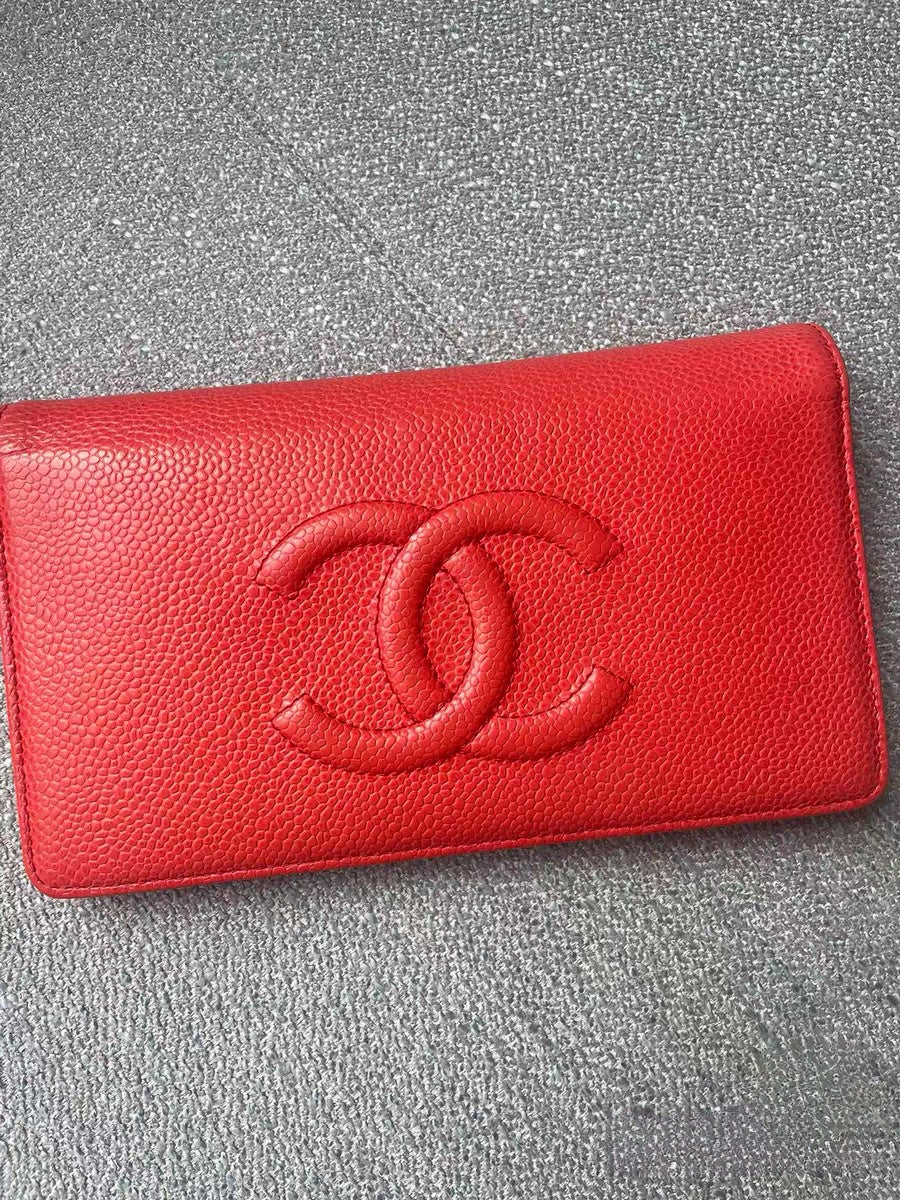 Chanel CC Timeless Red Caviar Leather Long Yen Wallet