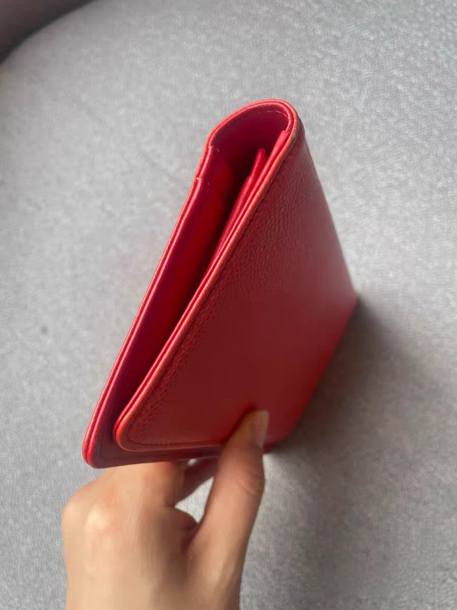 Chanel CC Timeless Red Caviar Leather Long Yen Wallet