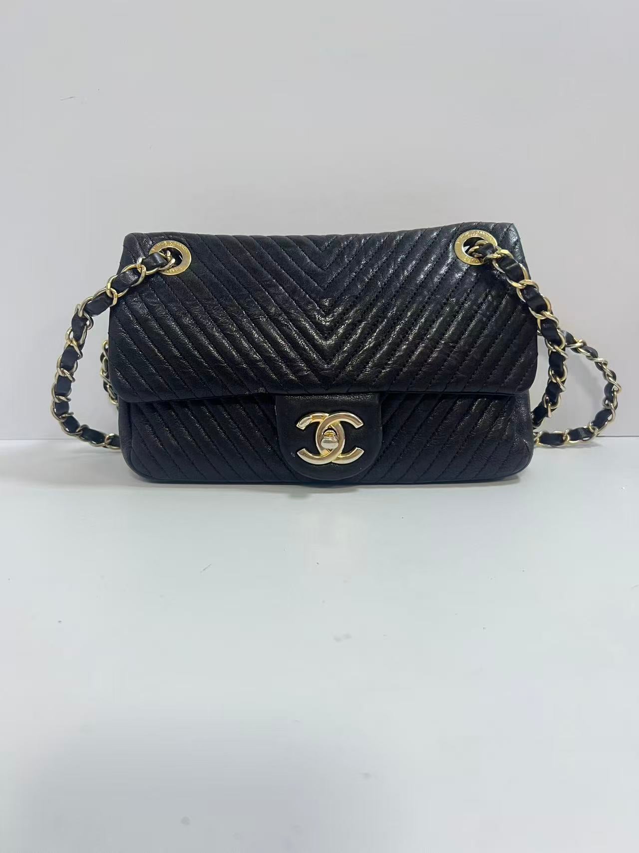 Chanel Black Chevron Quilted Leather Medium Flap Bag