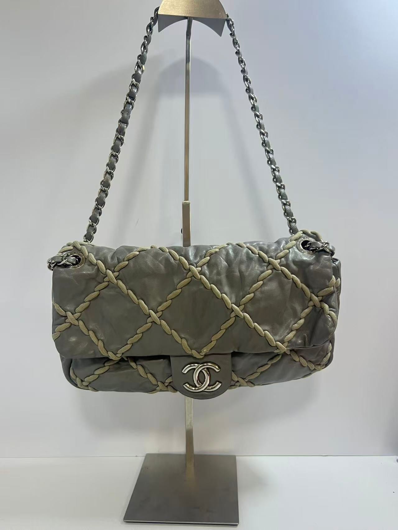 Chanel Gray Leather On-Stitch Medium Flap Bag