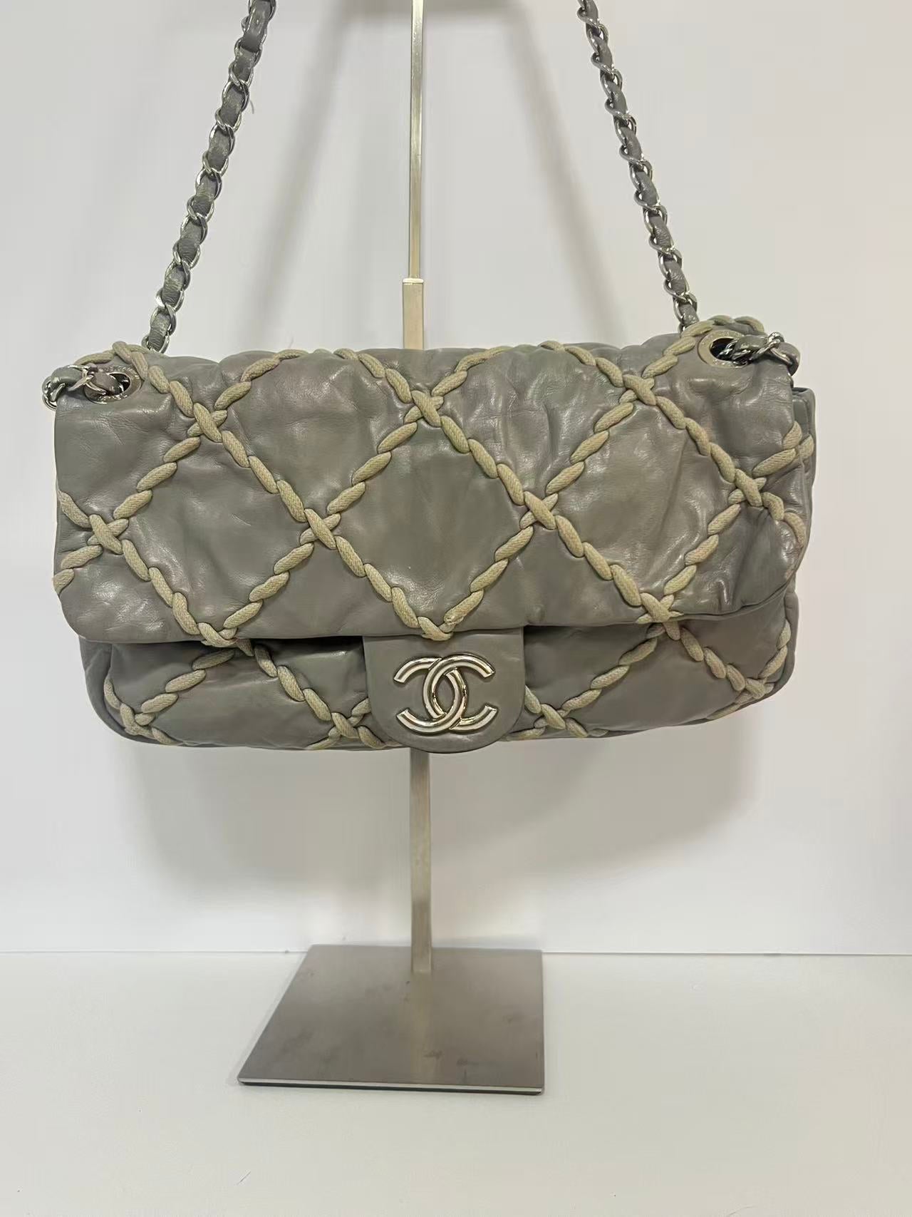 Chanel Gray Leather On-Stitch Medium Flap Bag