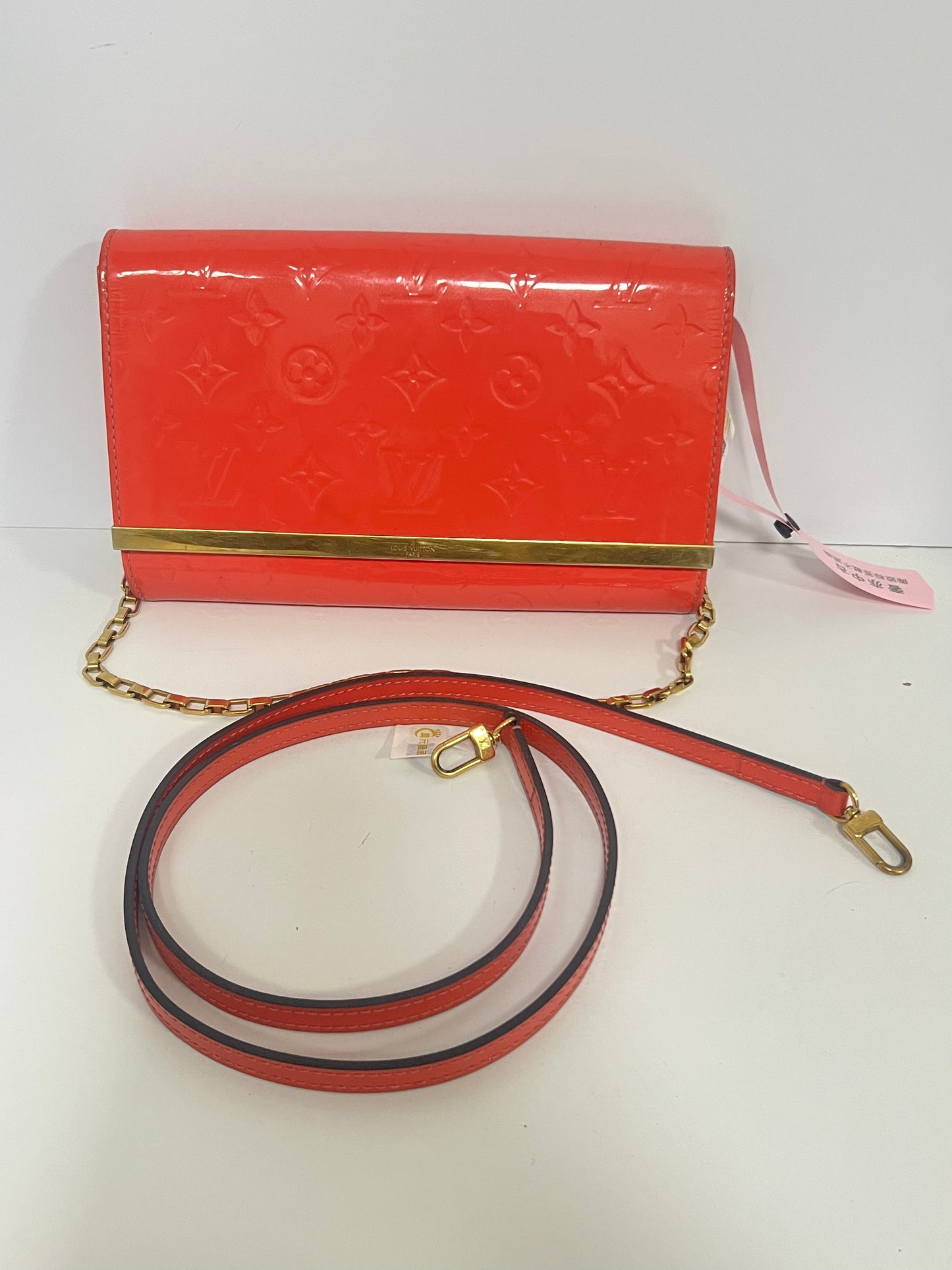 Louis Vuitton Coral Red Monogram Vernis Patent Leather Chain Wallet