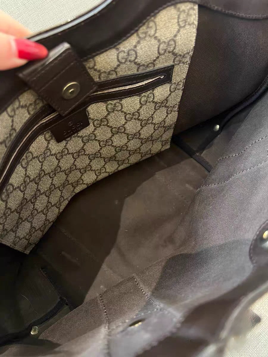 Gucci GG Supreme Ribbon Beige Canvas & Brown Leather Tote Bag