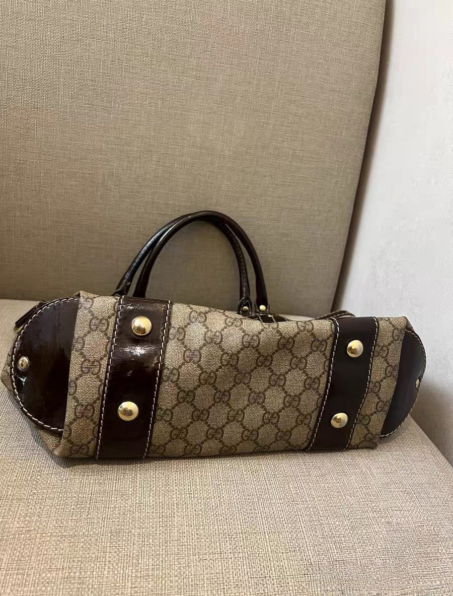 Gucci GG Supreme Ribbon Beige Canvas & Brown Leather Tote Bag