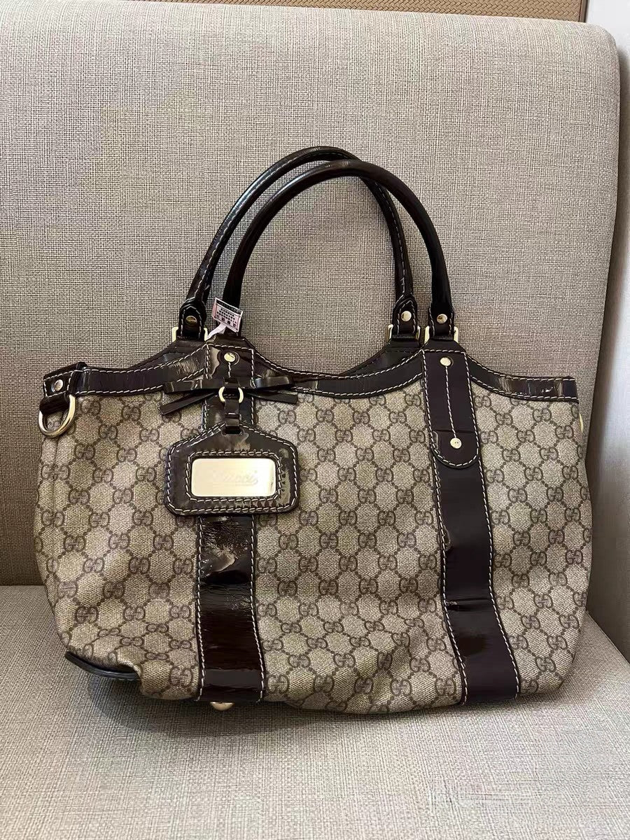 Gucci GG Supreme Ribbon Beige Canvas & Brown Leather Tote Bag