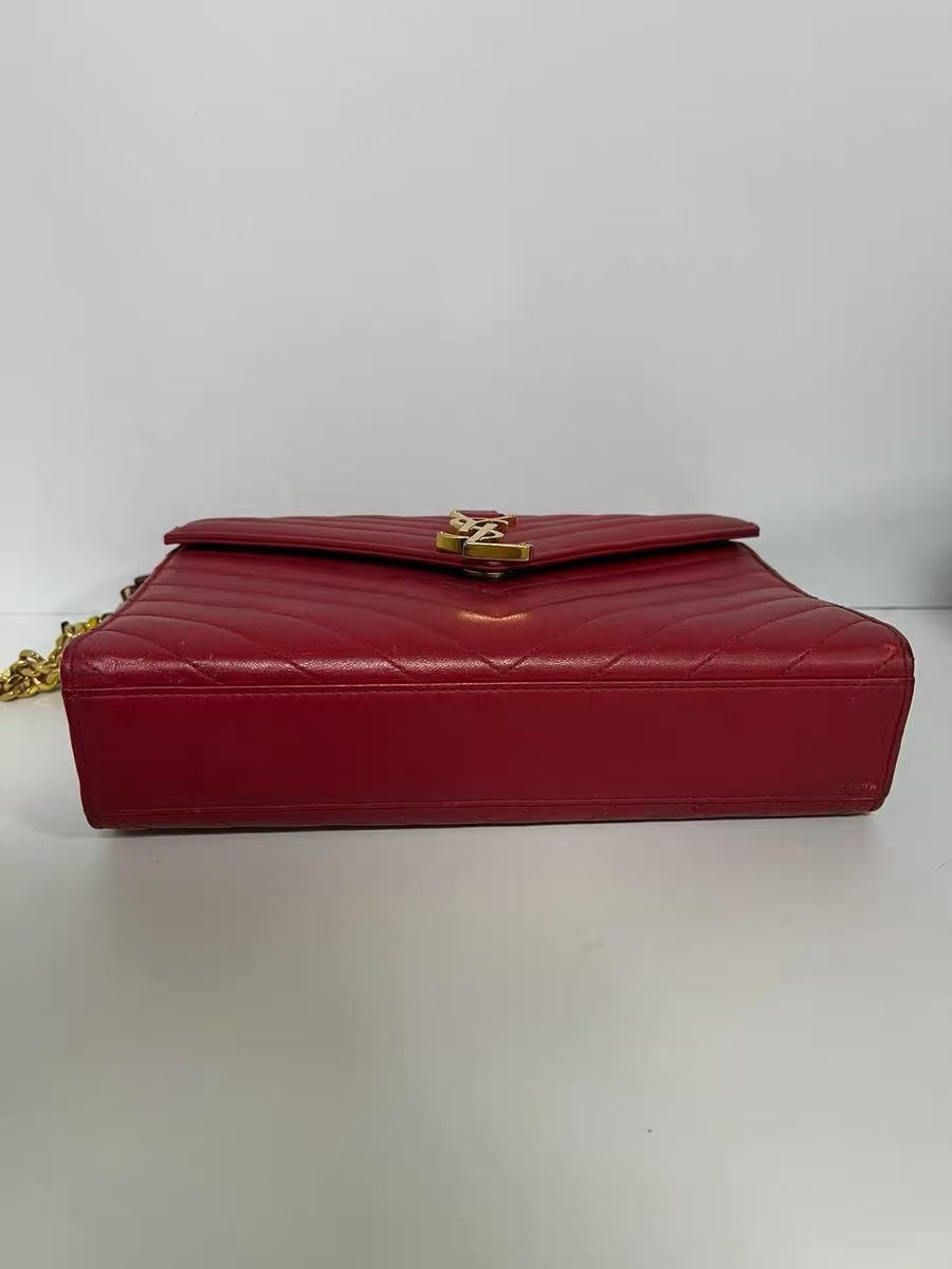 Saint Laurent YSL Red Chevron Quilted Leather Medium Chain Bag