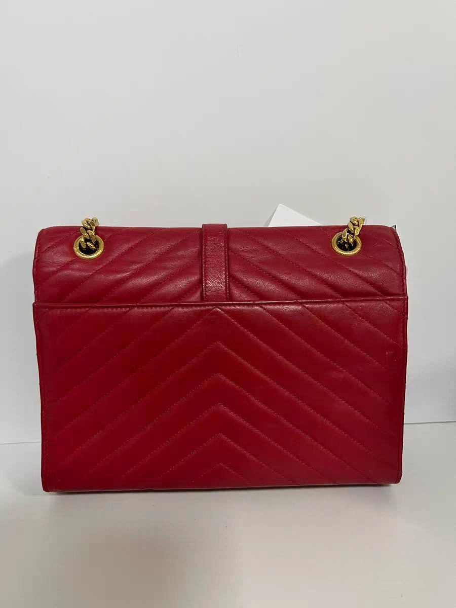 Saint Laurent YSL Red Chevron Quilted Leather Medium Chain Bag