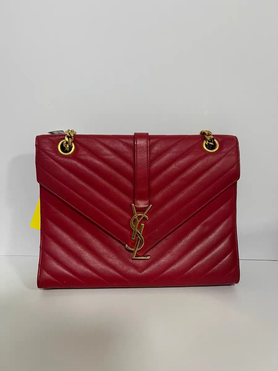 Saint Laurent YSL Red Chevron Quilted Leather Medium Chain Bag
