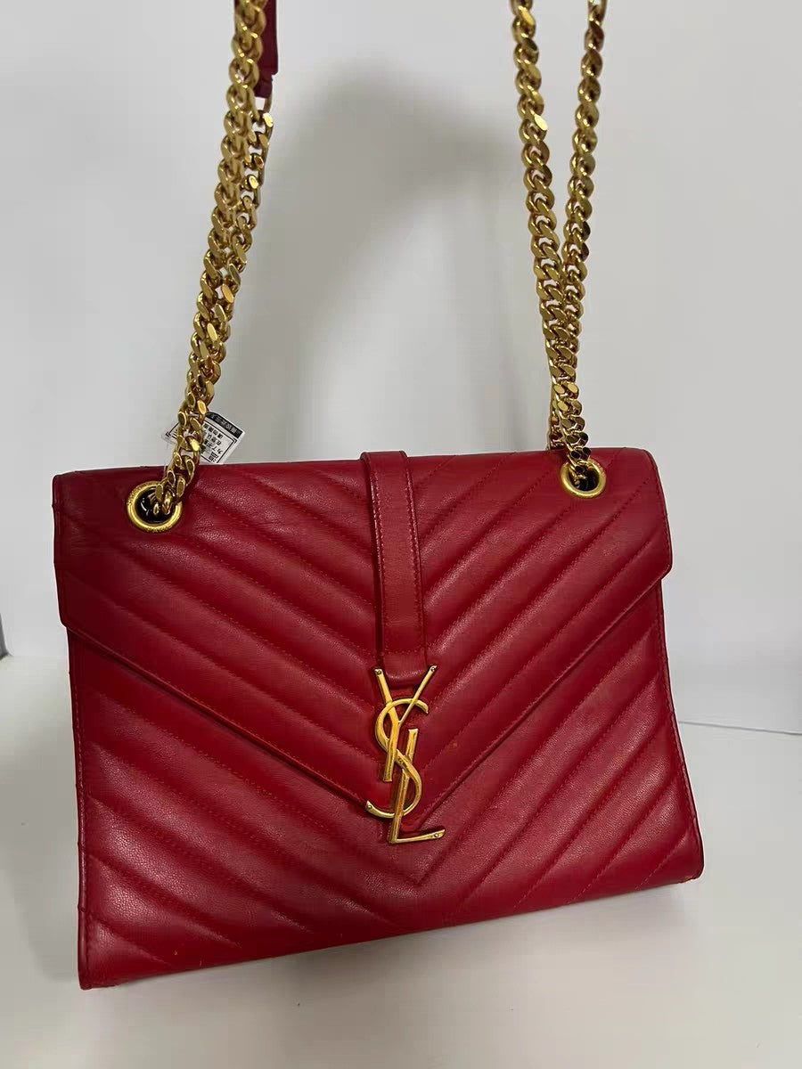 Saint Laurent YSL Red Chevron Quilted Leather Medium Chain Bag