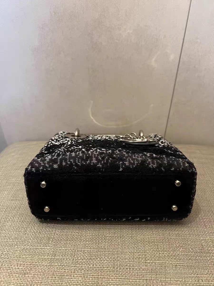 Christian Dior Lady Dior Mini Black & Silver Tweed Fabric Tote Bag