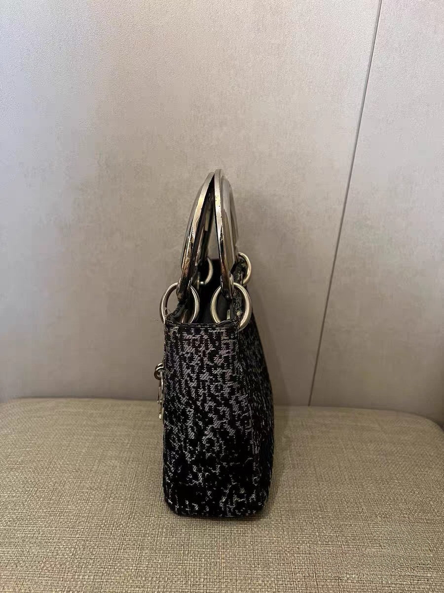 Christian Dior Lady Dior Mini Black & Silver Tweed Fabric Tote Bag
