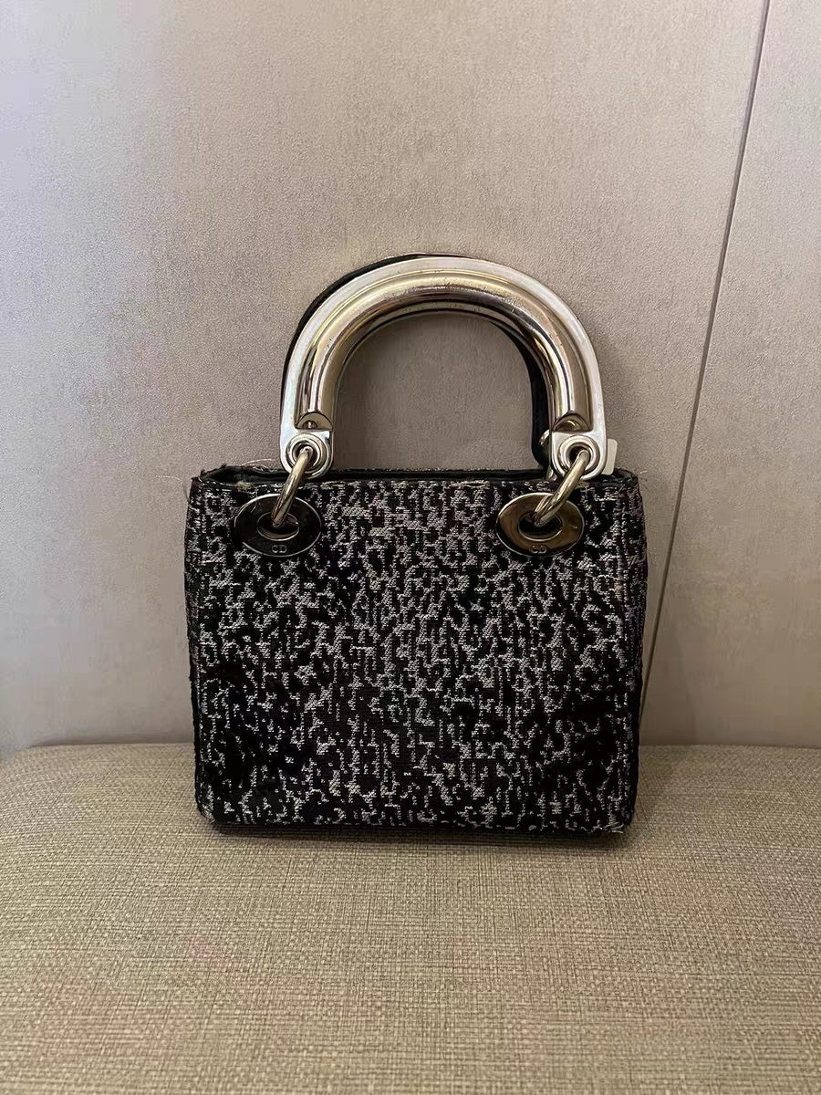 Christian Dior Lady Dior Mini Black & Silver Tweed Fabric Tote Bag