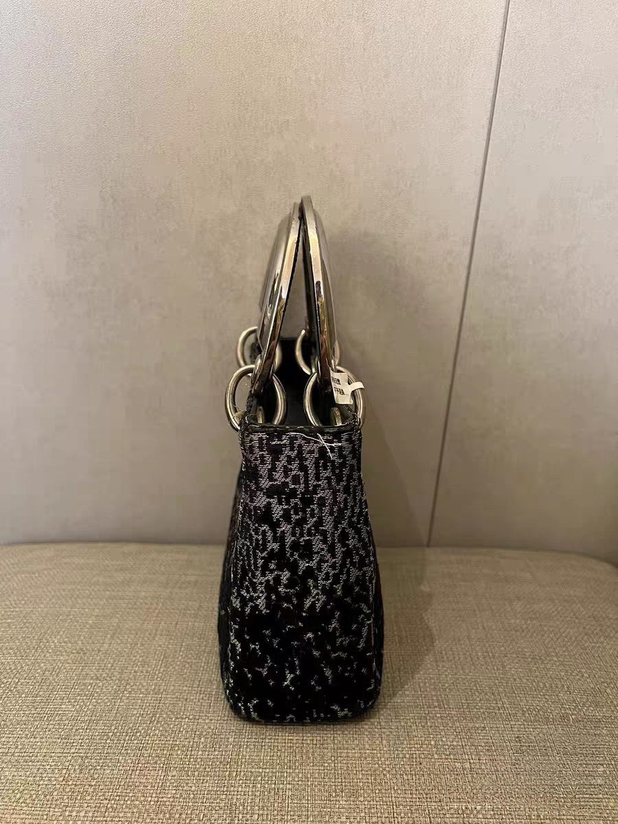 Christian Dior Lady Dior Mini Black & Silver Tweed Fabric Tote Bag
