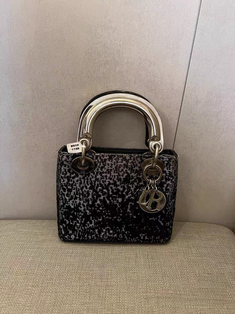 Christian Dior Lady Dior Mini Black & Silver Tweed Fabric Tote Bag