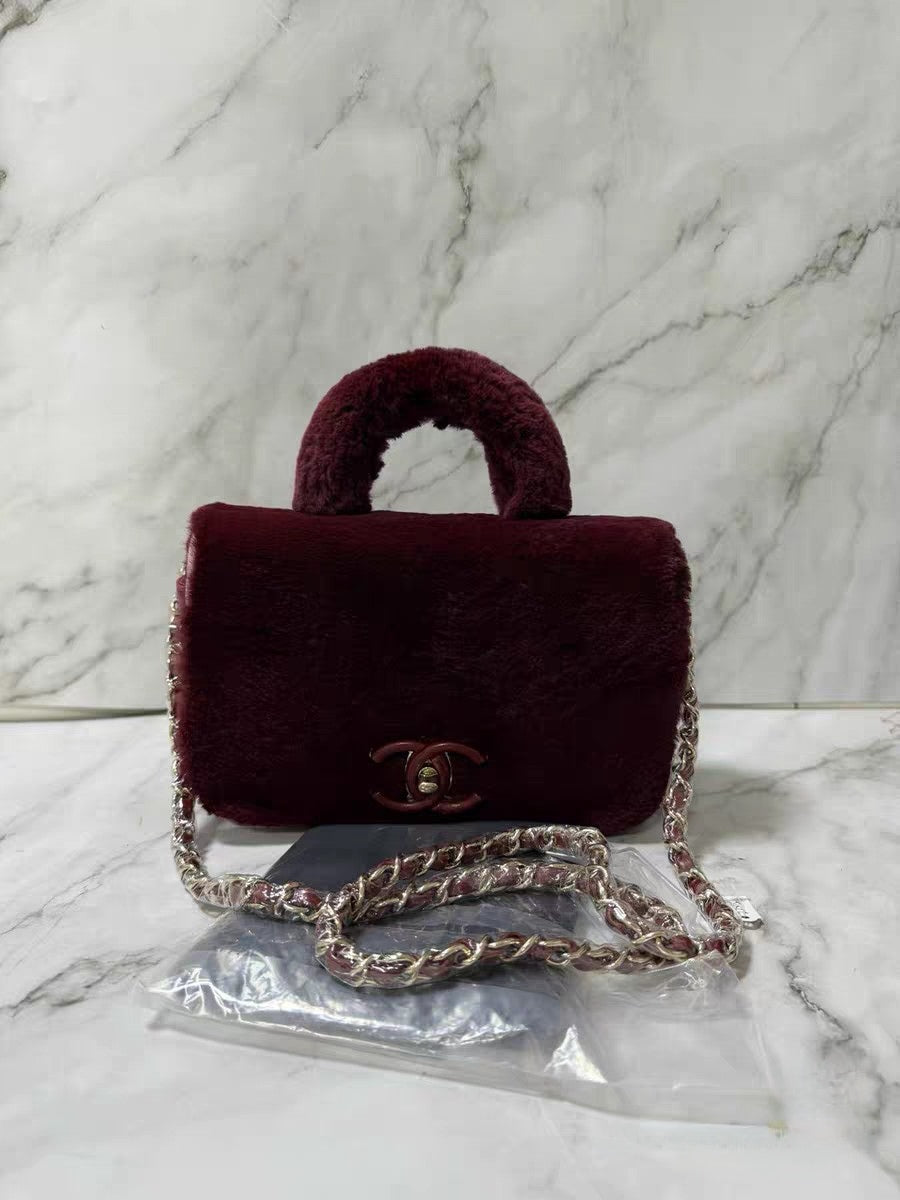 Chanel Burgundy Shearling & Quilted Leather Mini Top Handle Bag