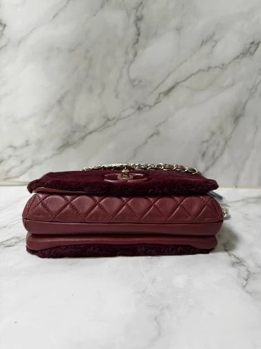Chanel Burgundy Shearling & Quilted Leather Mini Top Handle Bag