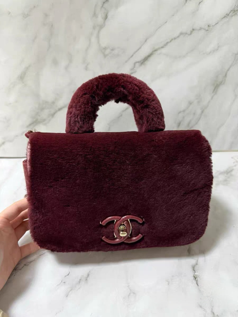 Chanel Burgundy Shearling & Quilted Leather Mini Top Handle Bag