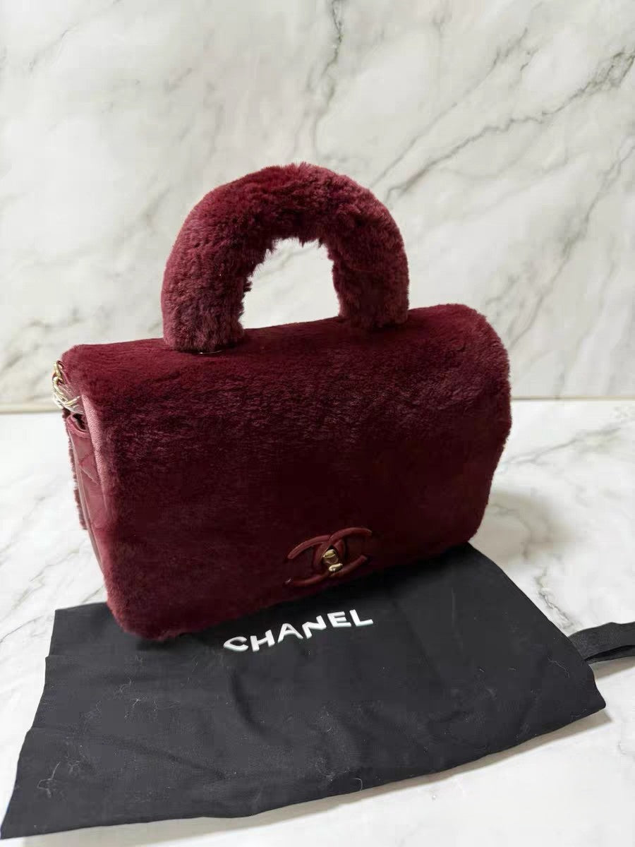 Chanel Burgundy Shearling & Quilted Leather Mini Top Handle Bag
