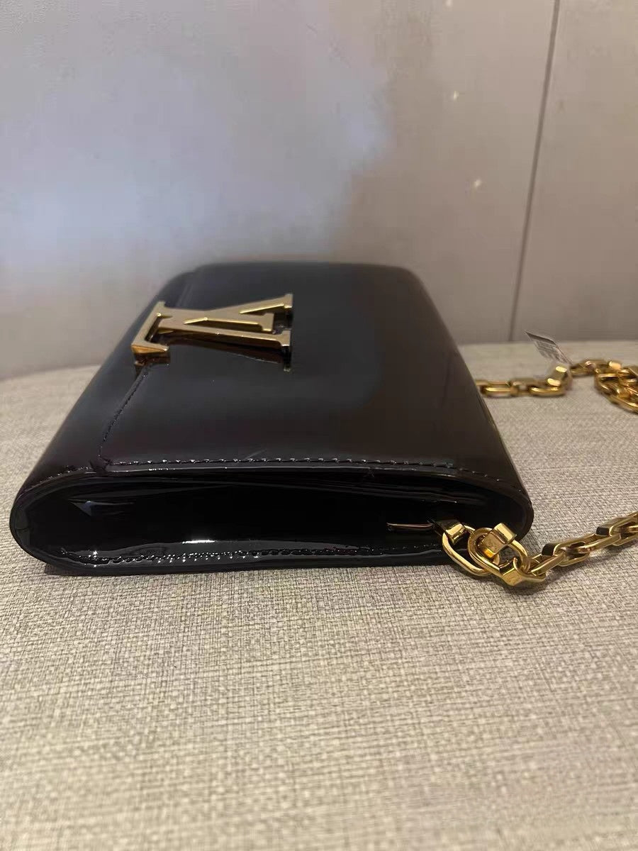 Louis Vuitton Louise Black Patent Leather Chain Wallet