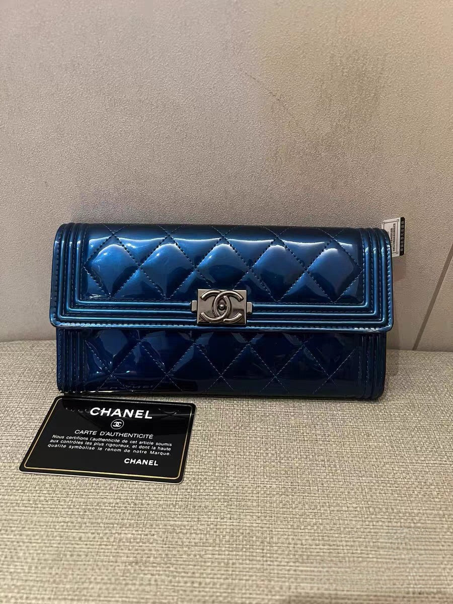 Chanel Metallic Blue Quilted Patent Leather Wallet on Chain (WOC)