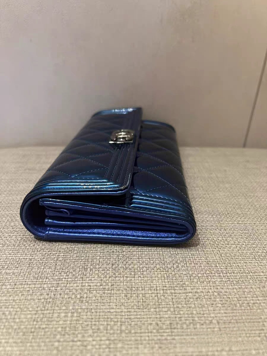 Chanel Metallic Blue Quilted Patent Leather Wallet on Chain (WOC)